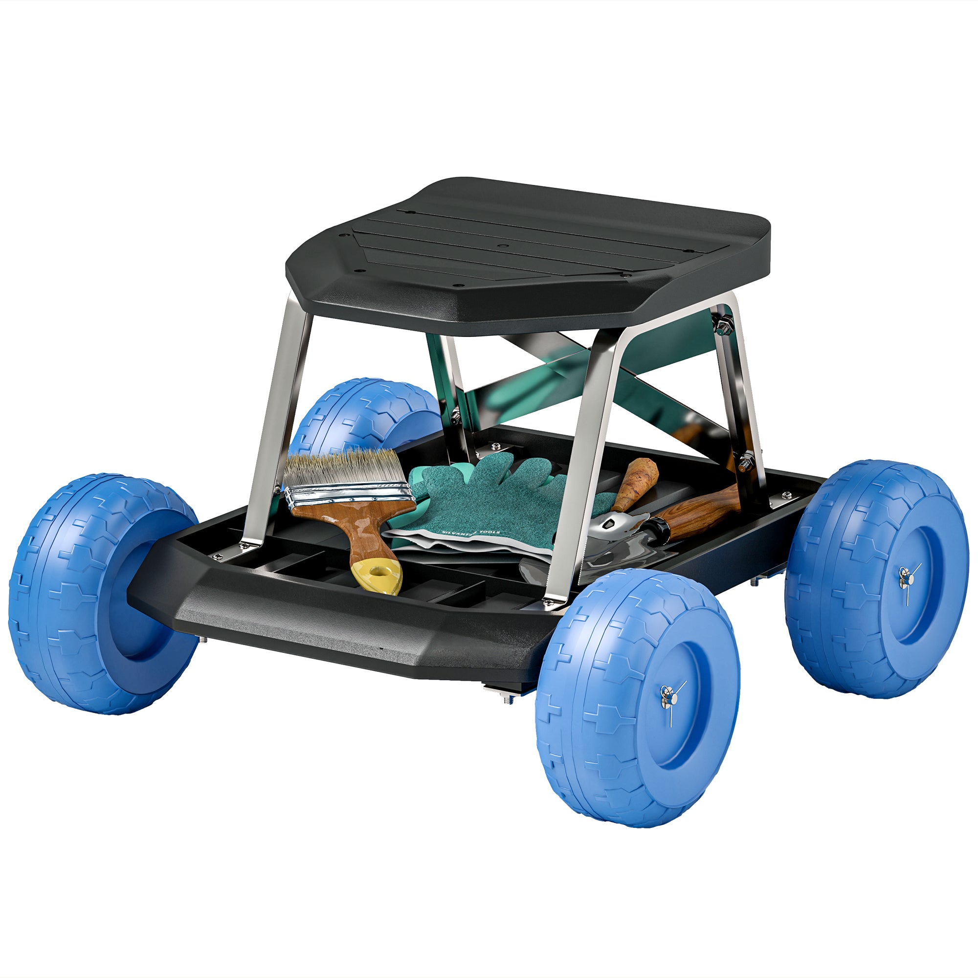 Garden Stool on Wheels Gardening Tool Tray Cart with Seat for Weeding, Planting, 50 x 49 x 32 cm Blue