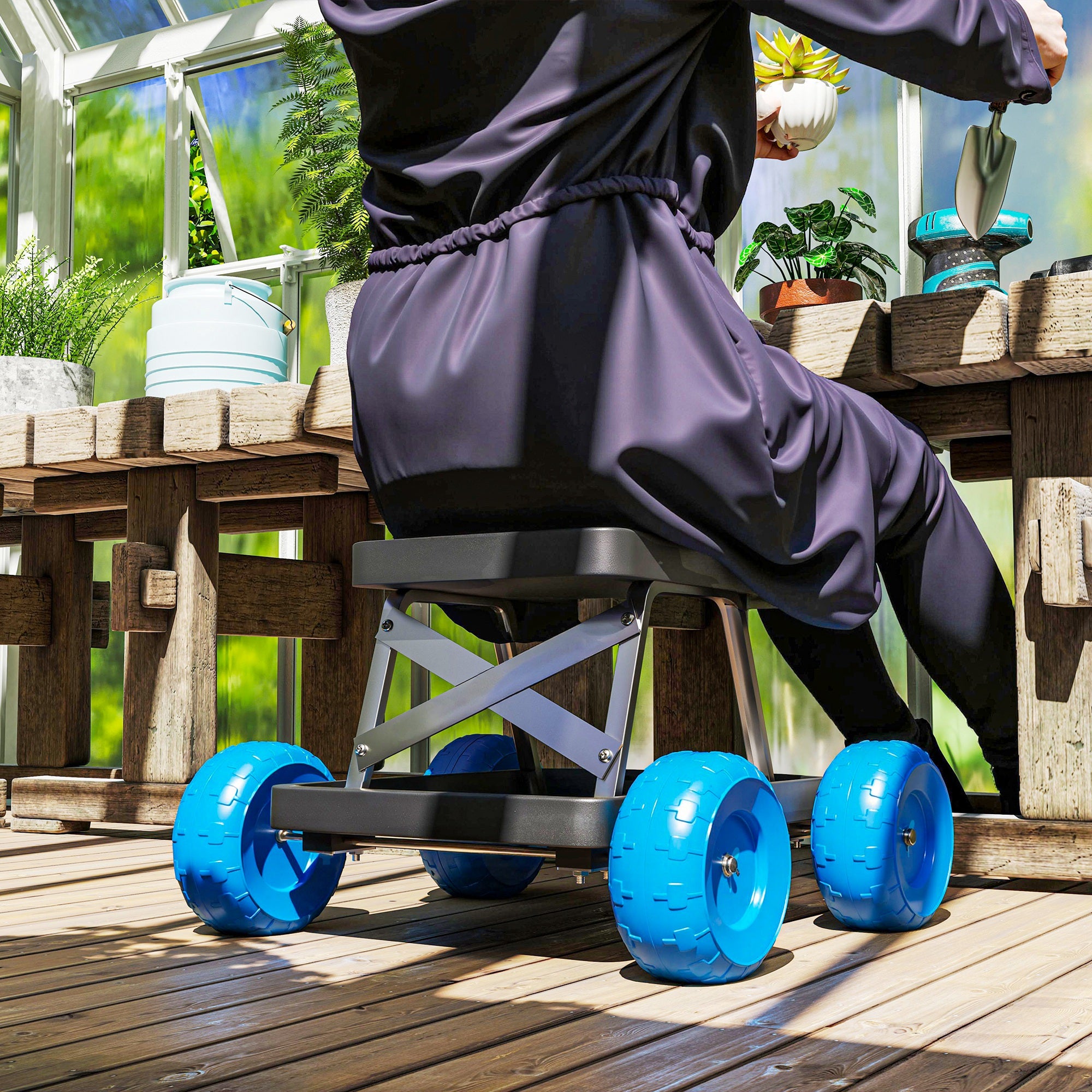 Garden Stool on Wheels Gardening Tool Tray Cart with Seat for Weeding, Planting, 50 x 49 x 32 cm Blue