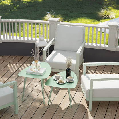 Set of 2 garden coffee tables, triangular nesting side tables, steel frame, with adjustable pads for balcony, patio, garden, light green