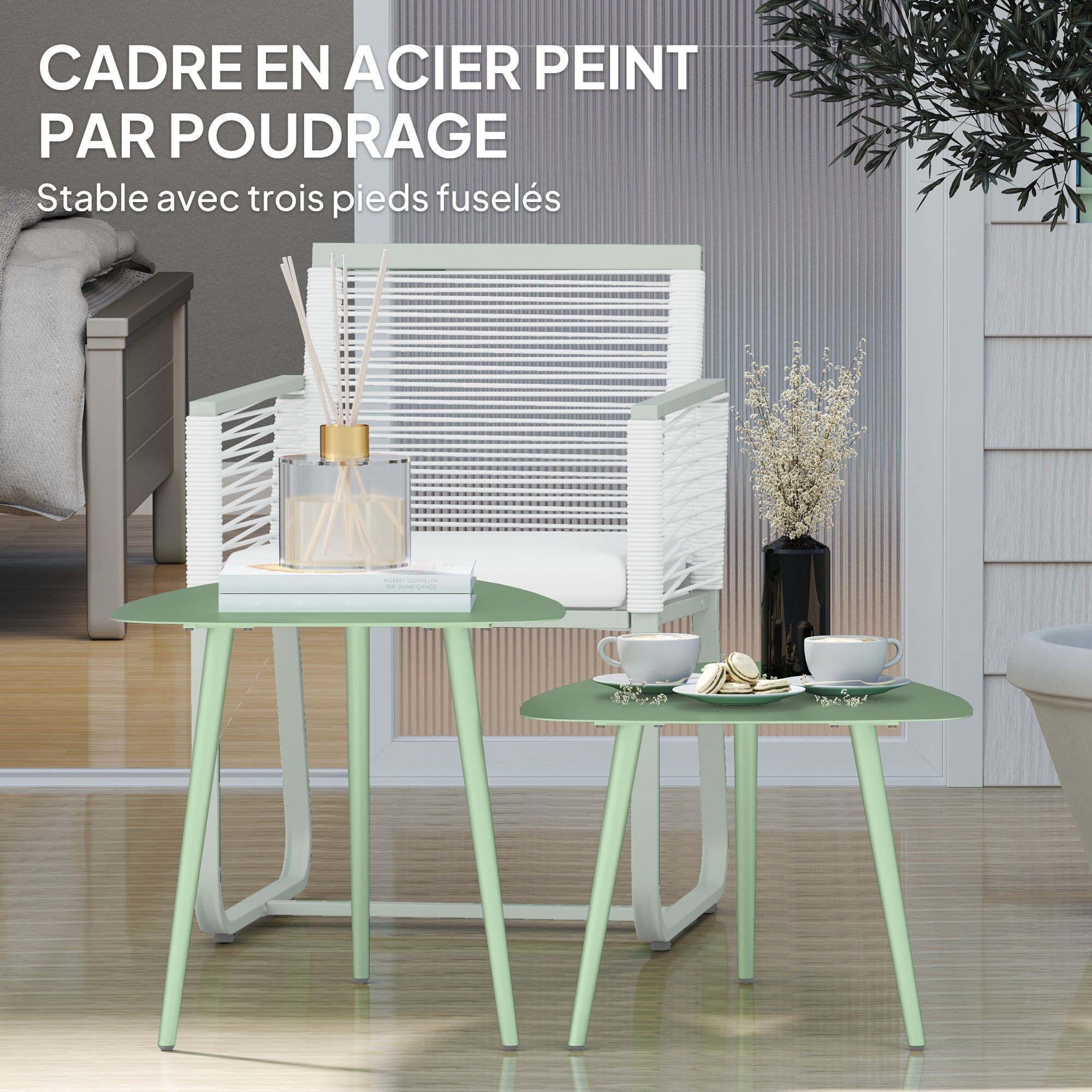 Set of 2 garden coffee tables, triangular nesting side tables, steel frame, with adjustable pads for balcony, patio, garden, light green