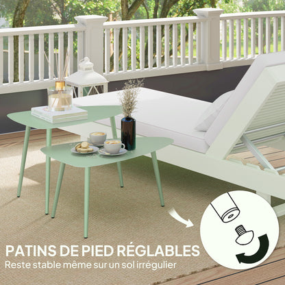 Set of 2 garden coffee tables, triangular nesting side tables, steel frame, with adjustable pads for balcony, patio, garden, light green