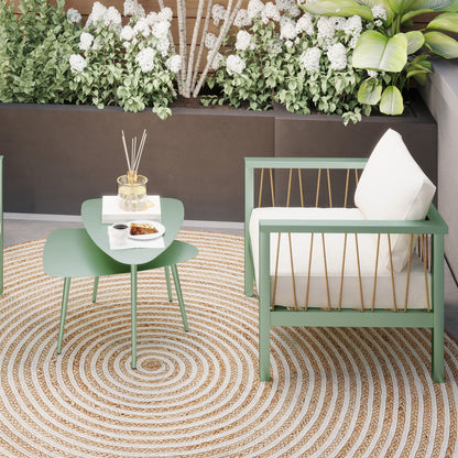 Set of 2 garden coffee tables, triangular nesting side tables, steel frame, with adjustable pads for balcony, patio, garden, light green