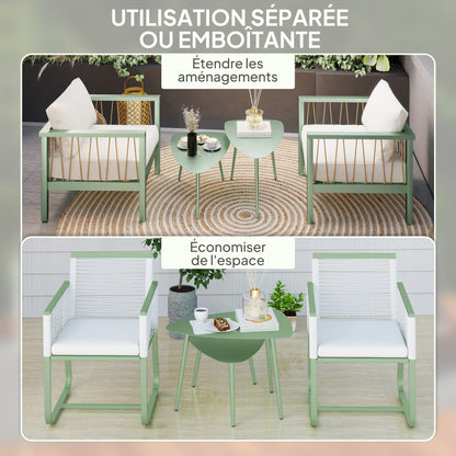 Set of 2 garden coffee tables, triangular nesting side tables, steel frame, with adjustable pads for balcony, patio, garden, light green