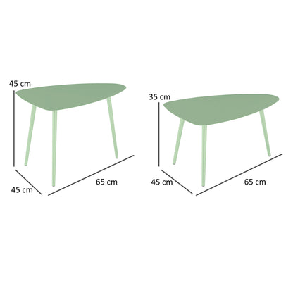 Set of 2 garden coffee tables, triangular nesting side tables, steel frame, with adjustable pads for balcony, patio, garden, light green