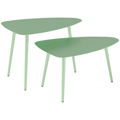 Set of 2 garden coffee tables, triangular nesting side tables, steel frame, with adjustable pads for balcony, patio, garden, light green