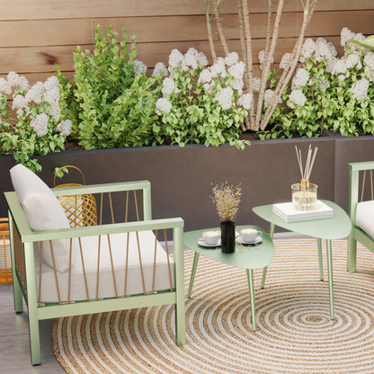 Set of 2 garden coffee tables, triangular nesting side tables, steel frame, with adjustable pads for balcony, patio, garden, light green
