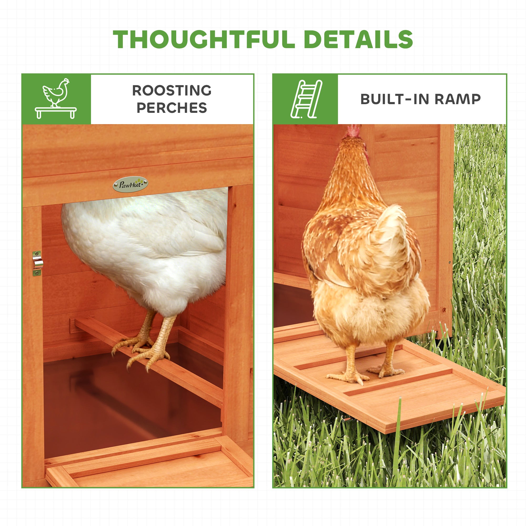 Wooden Chicken Coop 113.5 x 67.5 x 95.5 cm (44.7 x 26.6 x 37.6 in) with Nest Box, 2 Perches, Ramp, Sliding Window, Waterproof Roof, Pull-Out Tray — For 2 Hens/Ducks/Rabbits — Orange