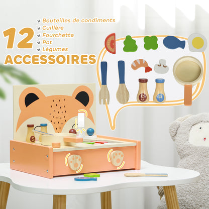 Mini Wooden Kitchen Children's Wood Kitchen with Fox Design Pretend Play Toy with 12 Accessories Pan Spatula Condiments Fruits Vegetables - for 3-5 years old