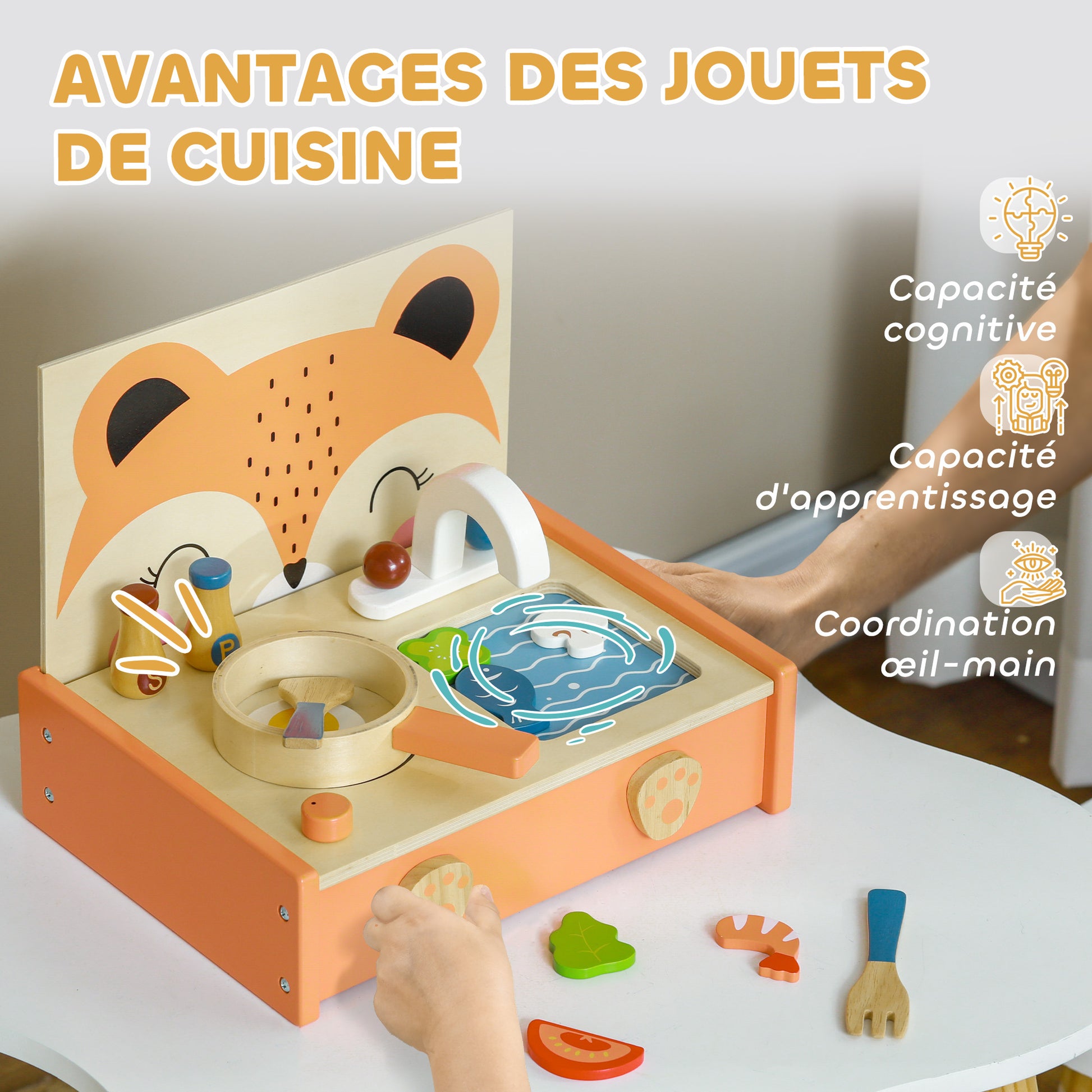 Mini Wooden Kitchen Children's Wood Kitchen with Fox Design Pretend Play Toy with 12 Accessories Pan Spatula Condiments Fruits Vegetables - for 3-5 years old