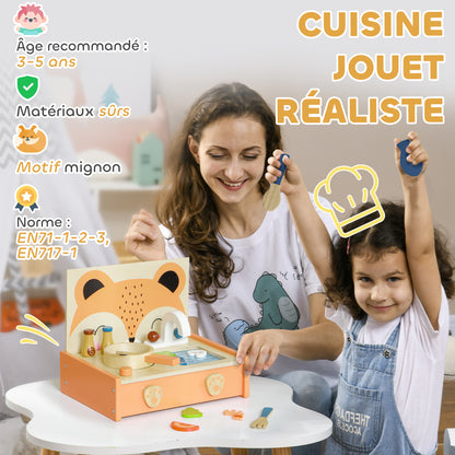 Mini Wooden Kitchen Children's Wood Kitchen with Fox Design Pretend Play Toy with 12 Accessories Pan Spatula Condiments Fruits Vegetables - for 3-5 years old