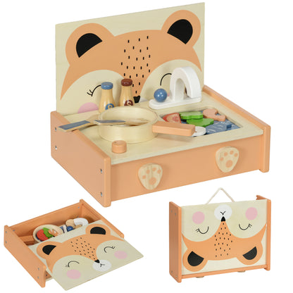 Mini Wooden Kitchen Children's Wood Kitchen with Fox Design Pretend Play Toy with 12 Accessories Pan Spatula Condiments Fruits Vegetables - for 3-5 years old