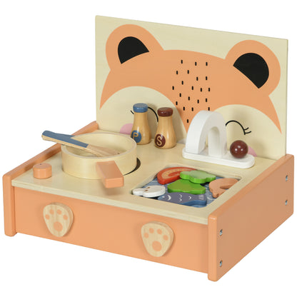 Mini Wooden Kitchen Children's Wood Kitchen with Fox Design Pretend Play Toy with 12 Accessories Pan Spatula Condiments Fruits Vegetables - for 3-5 years old
