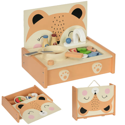 Mini Wooden Kitchen Children's Wood Kitchen with Fox Design Pretend Play Toy with 12 Accessories Pan Spatula Condiments Fruits Vegetables - for 3-5 years old