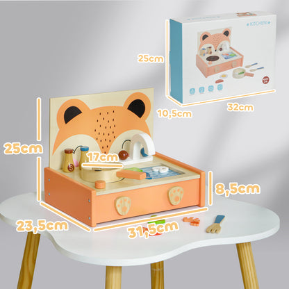 Mini Wooden Kitchen Children's Wood Kitchen with Fox Design Pretend Play Toy with 12 Accessories Pan Spatula Condiments Fruits Vegetables - for 3-5 years old