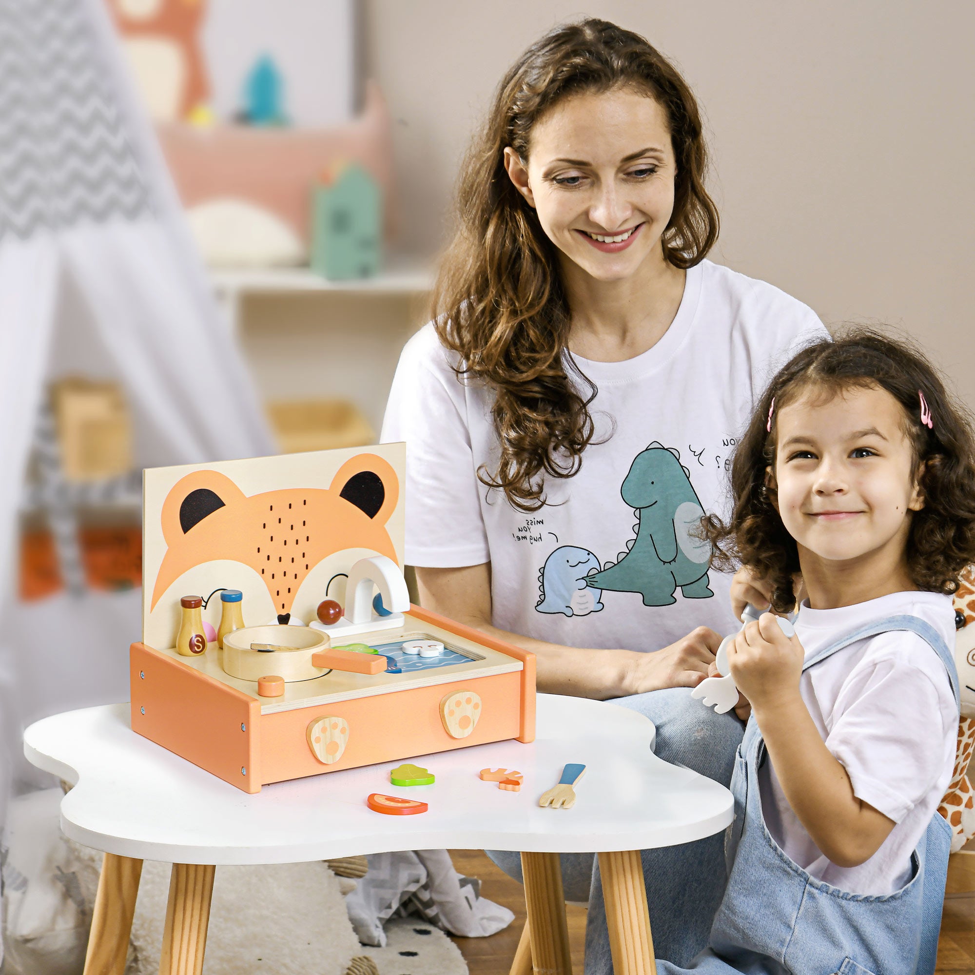 Mini Wooden Kitchen Children's Wood Kitchen with Fox Design Pretend Play Toy with 12 Accessories Pan Spatula Condiments Fruits Vegetables - for 3-5 years old