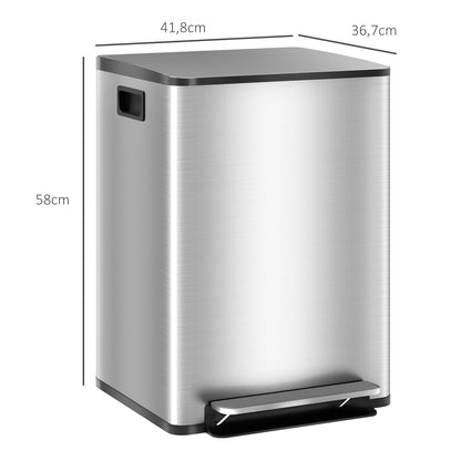 Kitchen Trash Can with 2 Compartments 2x20L Stainless Steel Trash Can with Soft-Close Lid and Removable Bucket for Bedroom Office Living Room Silver