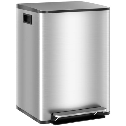 Kitchen Trash Can with 2 Compartments 2x20L Stainless Steel Trash Can with Soft-Close Lid and Removable Bucket for Bedroom Office Living Room Silver