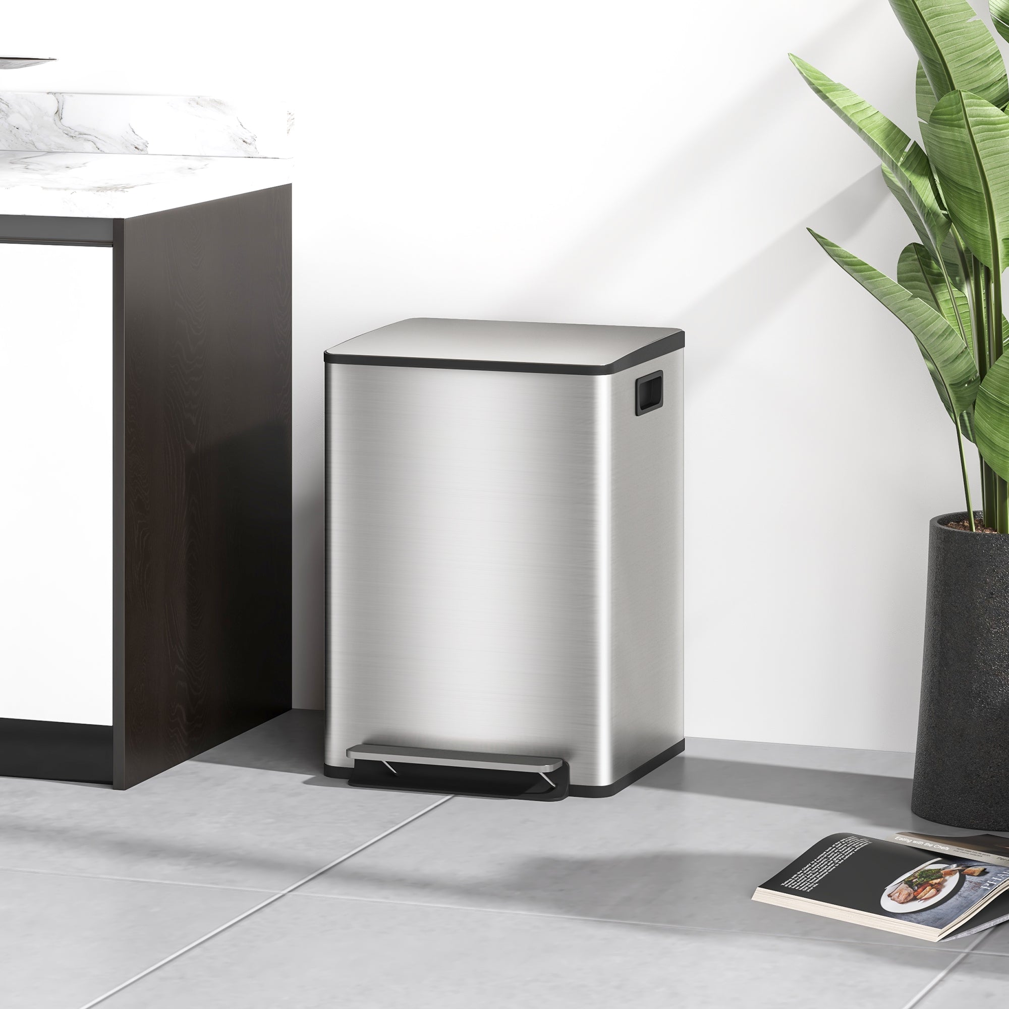 Kitchen Trash Can with 2 Compartments 2x20L Stainless Steel Trash Can with Soft-Close Lid and Removable Bucket for Bedroom Office Living Room Silver