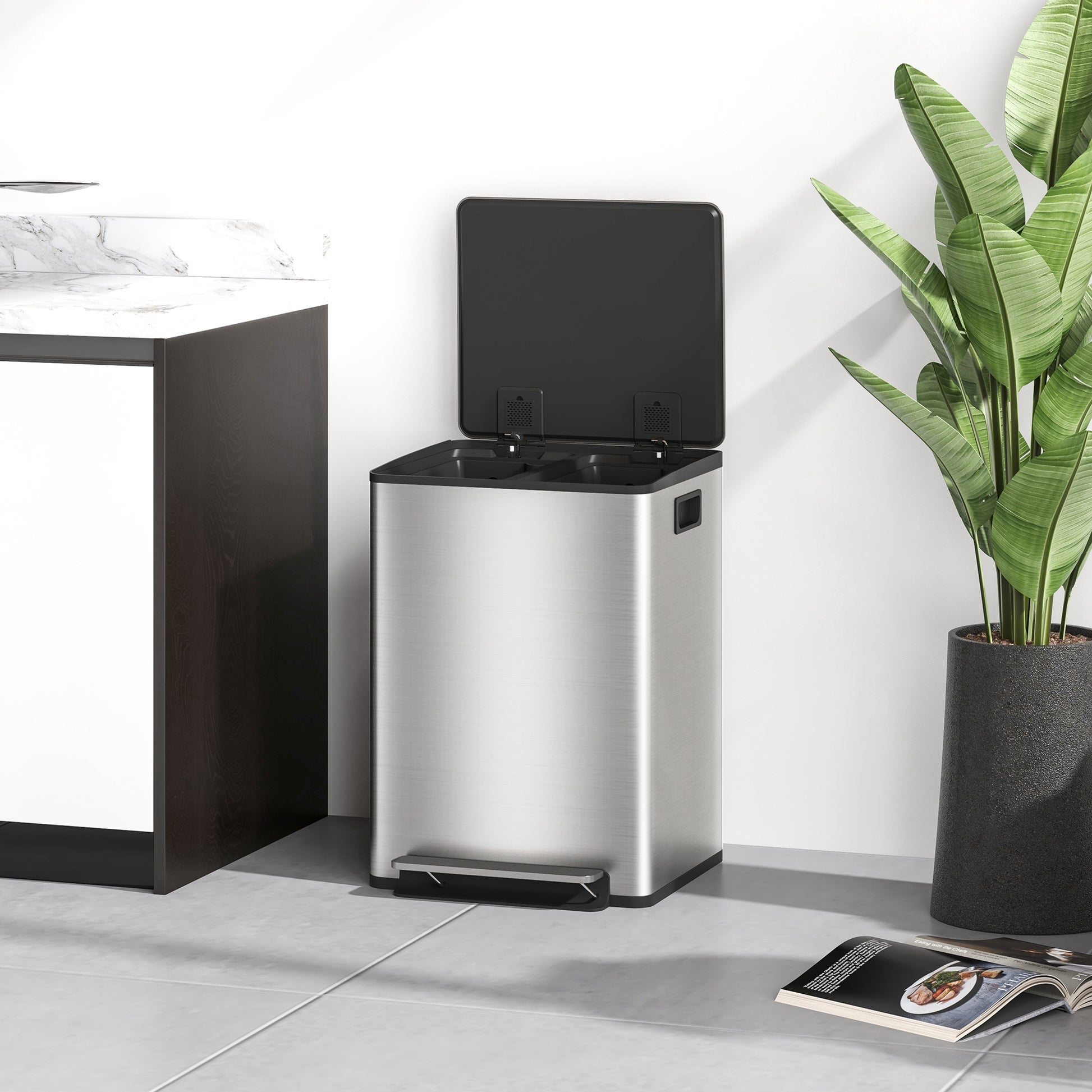 Kitchen Trash Can with 2 Compartments 2x20L Stainless Steel Trash Can with Soft-Close Lid and Removable Bucket for Bedroom Office Living Room Silver