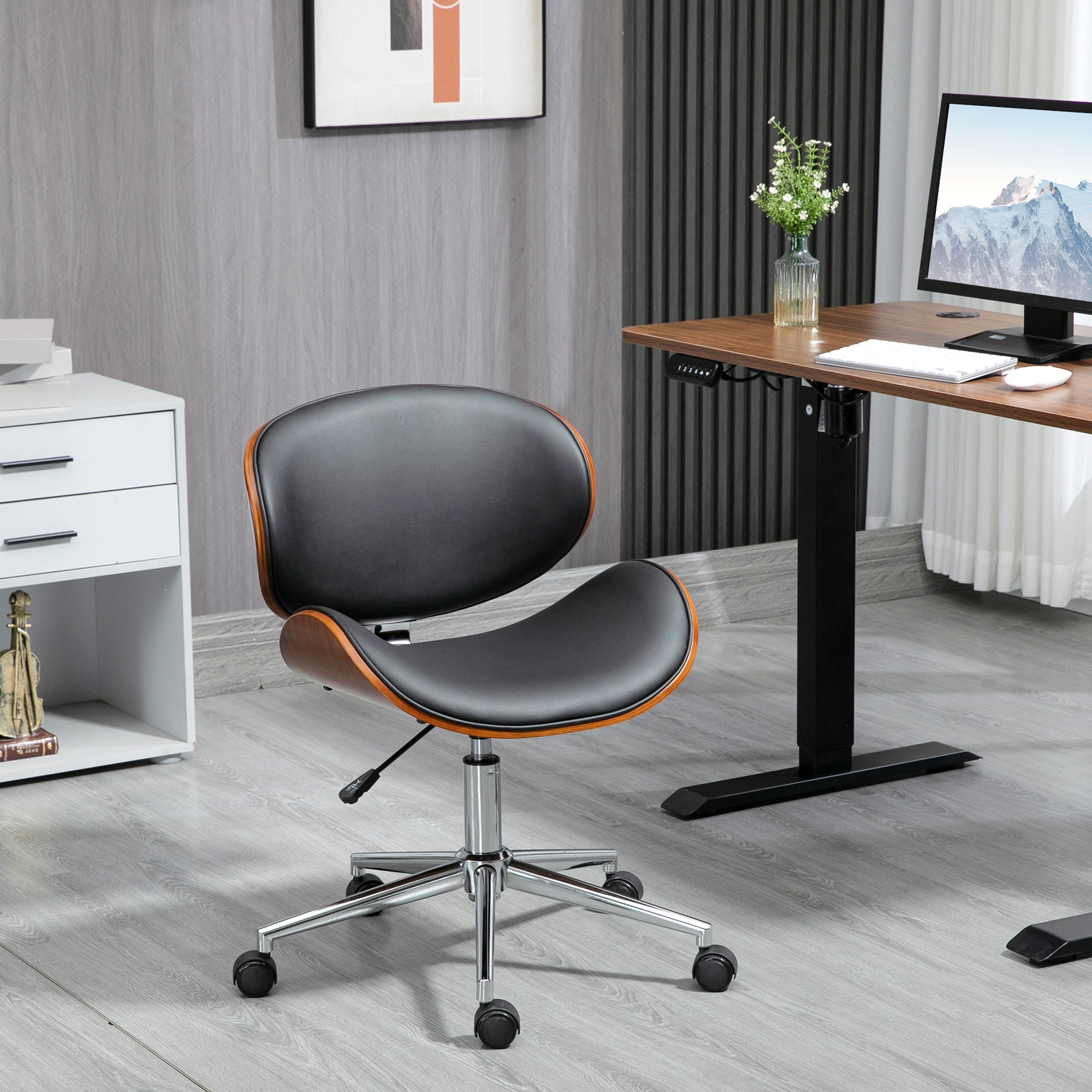 Vintage Design Office Chair Height Adjustable 360° Swivel Seat Chromed Wood Poplar Synthetic Coating 53L x 53W x 77-87H cm Black