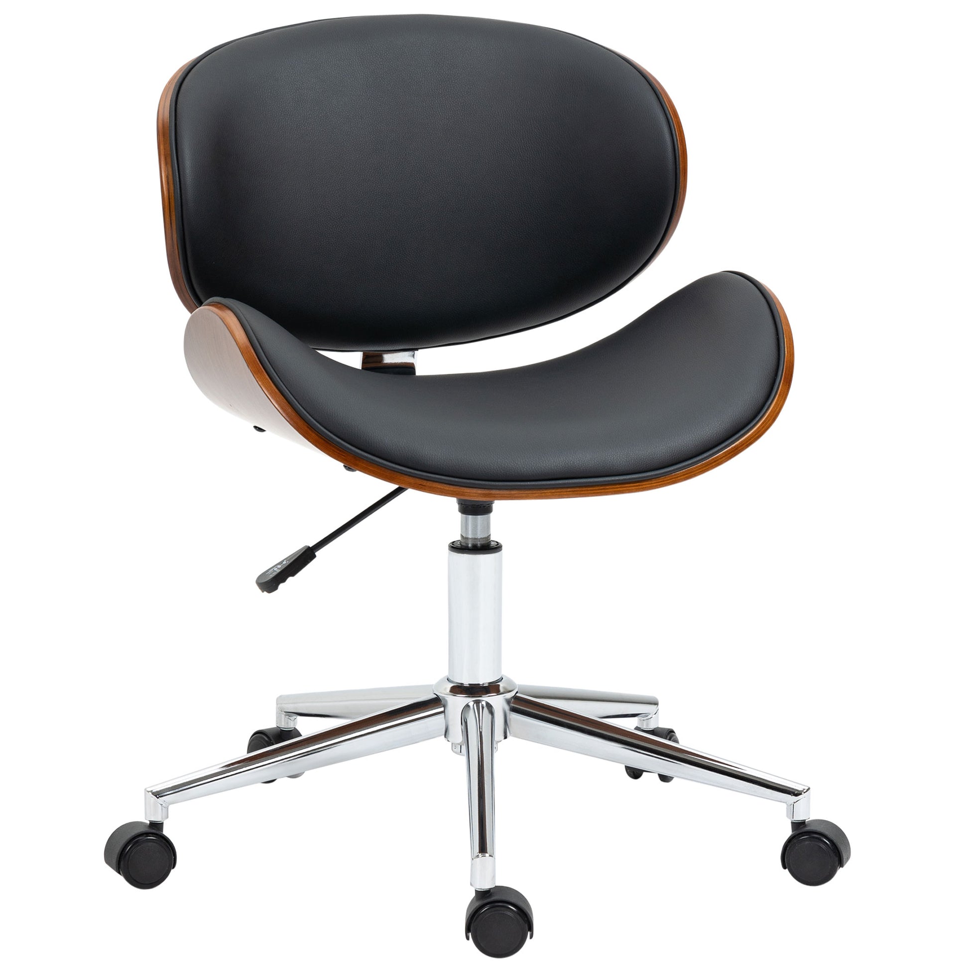 Vintage Design Office Chair Height Adjustable 360° Swivel Seat Chromed Wood Poplar Synthetic Coating 53L x 53W x 77-87H cm Black