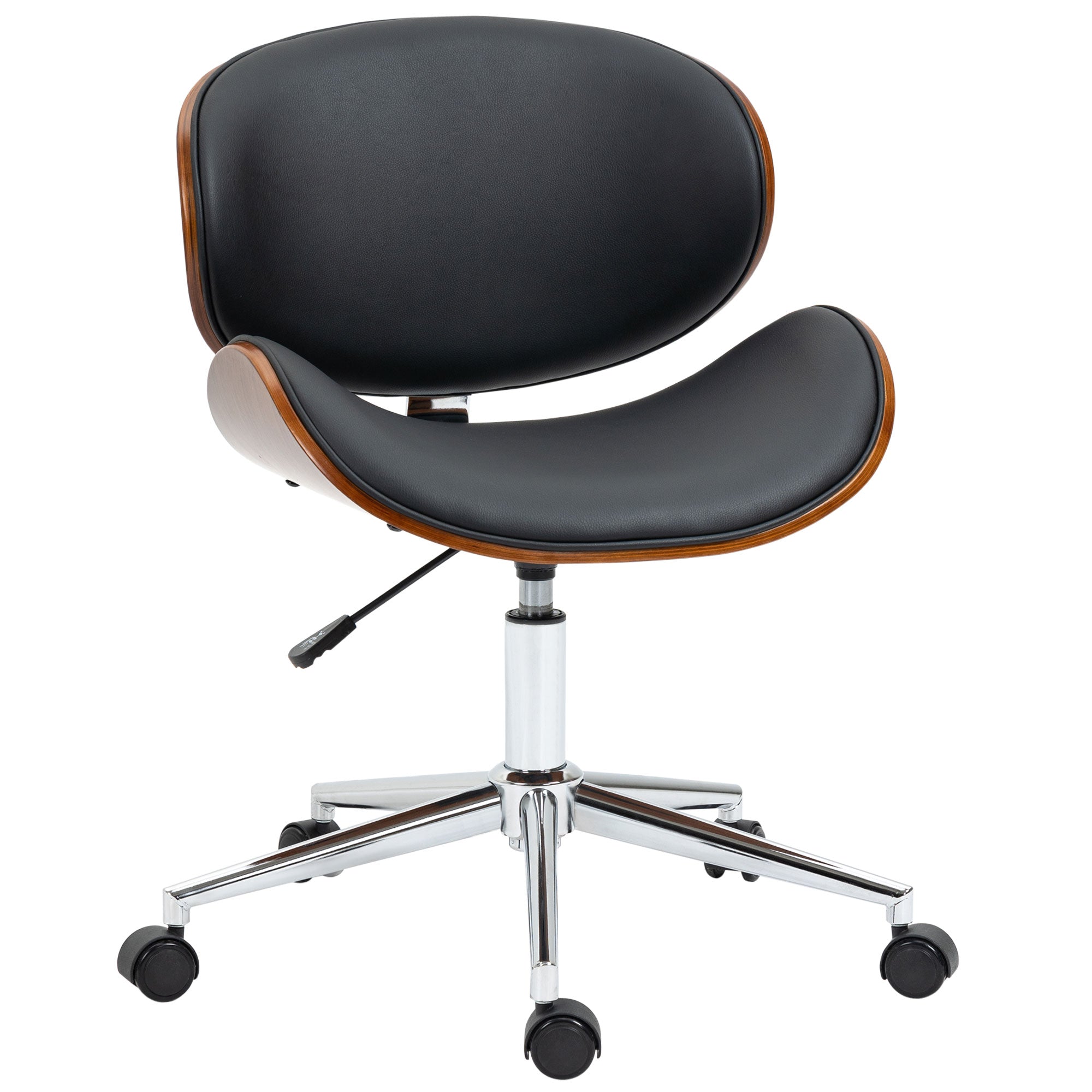 Vintage Design Office Chair Height Adjustable 360° Swivel Seat Chromed Wood Poplar Synthetic Coating 53L x 53W x 77-87H cm Black