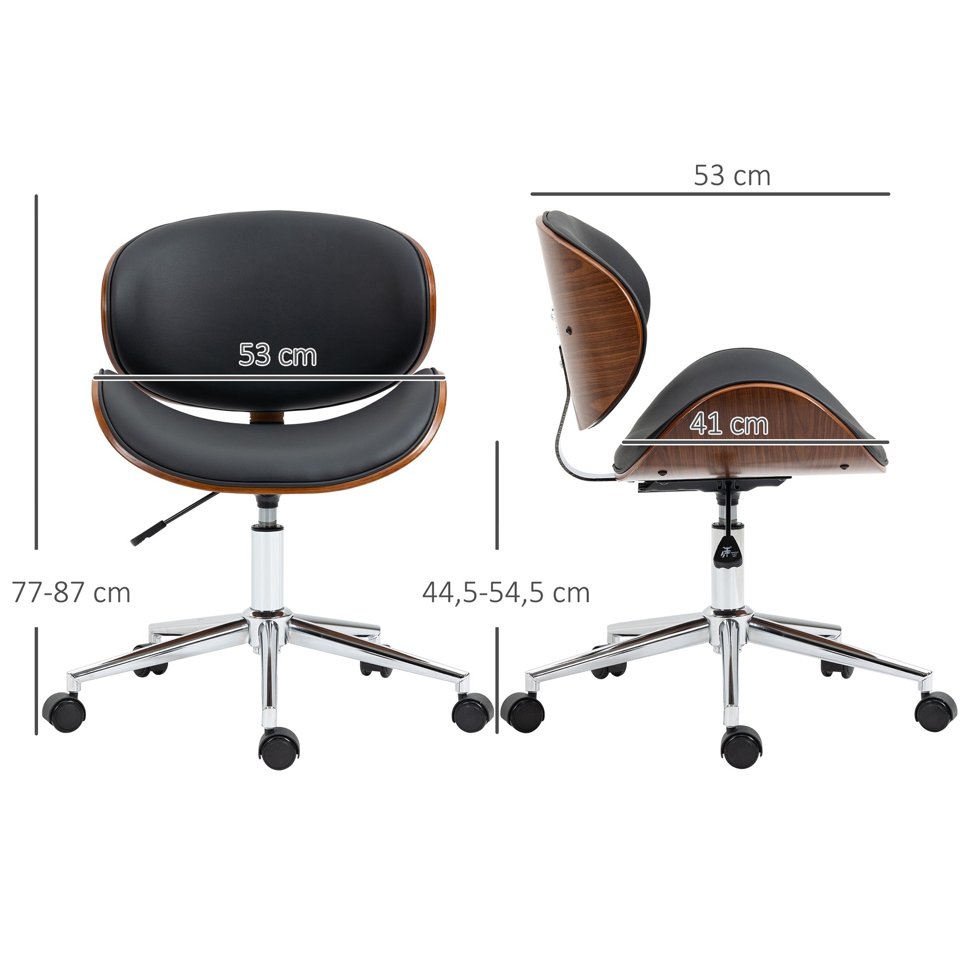 Vintage Design Office Chair Height Adjustable 360° Swivel Seat Chromed Wood Poplar Synthetic Coating 53L x 53W x 77-87H cm Black
