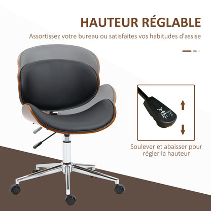 Vintage Design Office Chair Height Adjustable 360° Swivel Seat Chromed Wood Poplar Synthetic Coating 53L x 53W x 77-87H cm Black