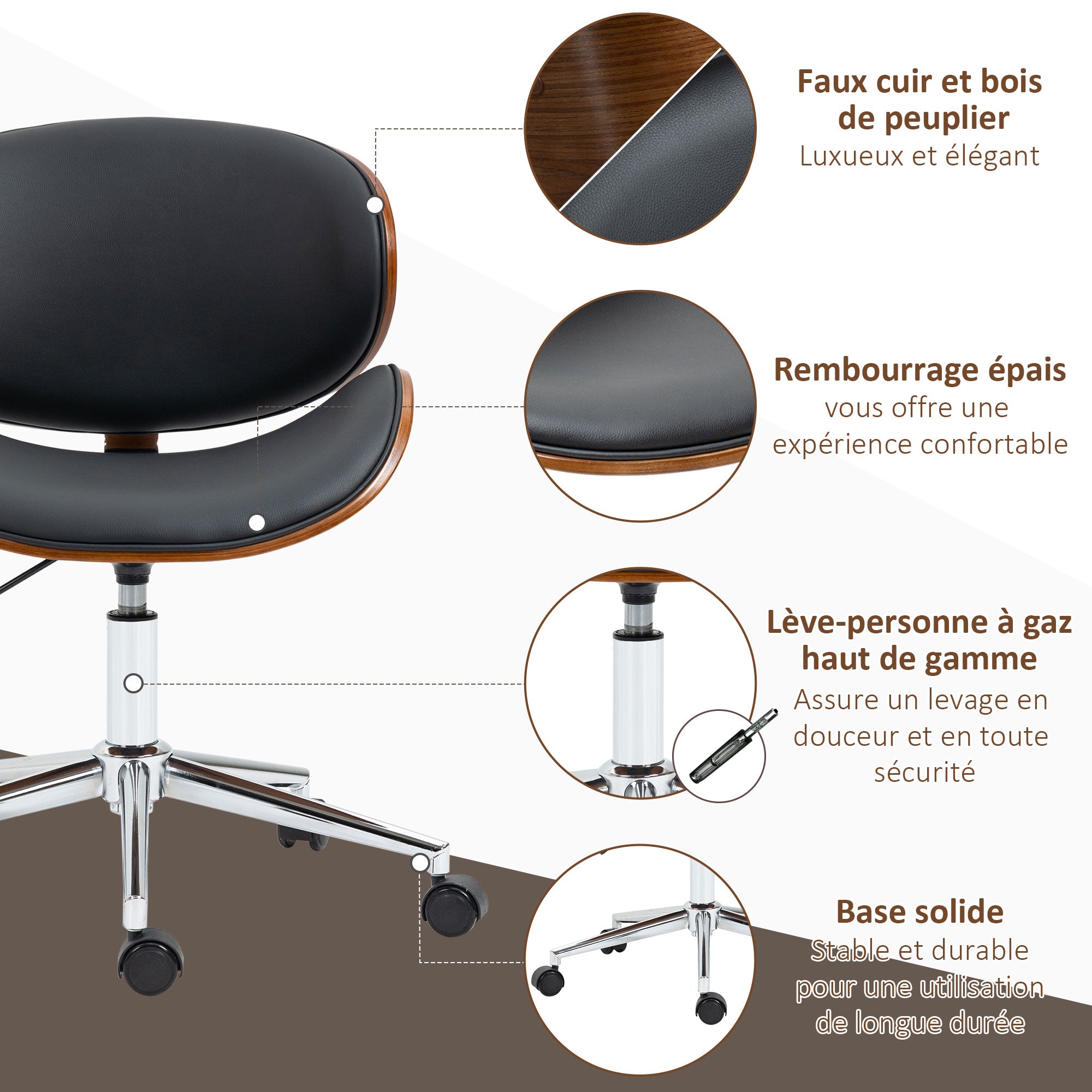 Vintage Design Office Chair Height Adjustable 360° Swivel Seat Chromed Wood Poplar Synthetic Coating 53L x 53W x 77-87H cm Black
