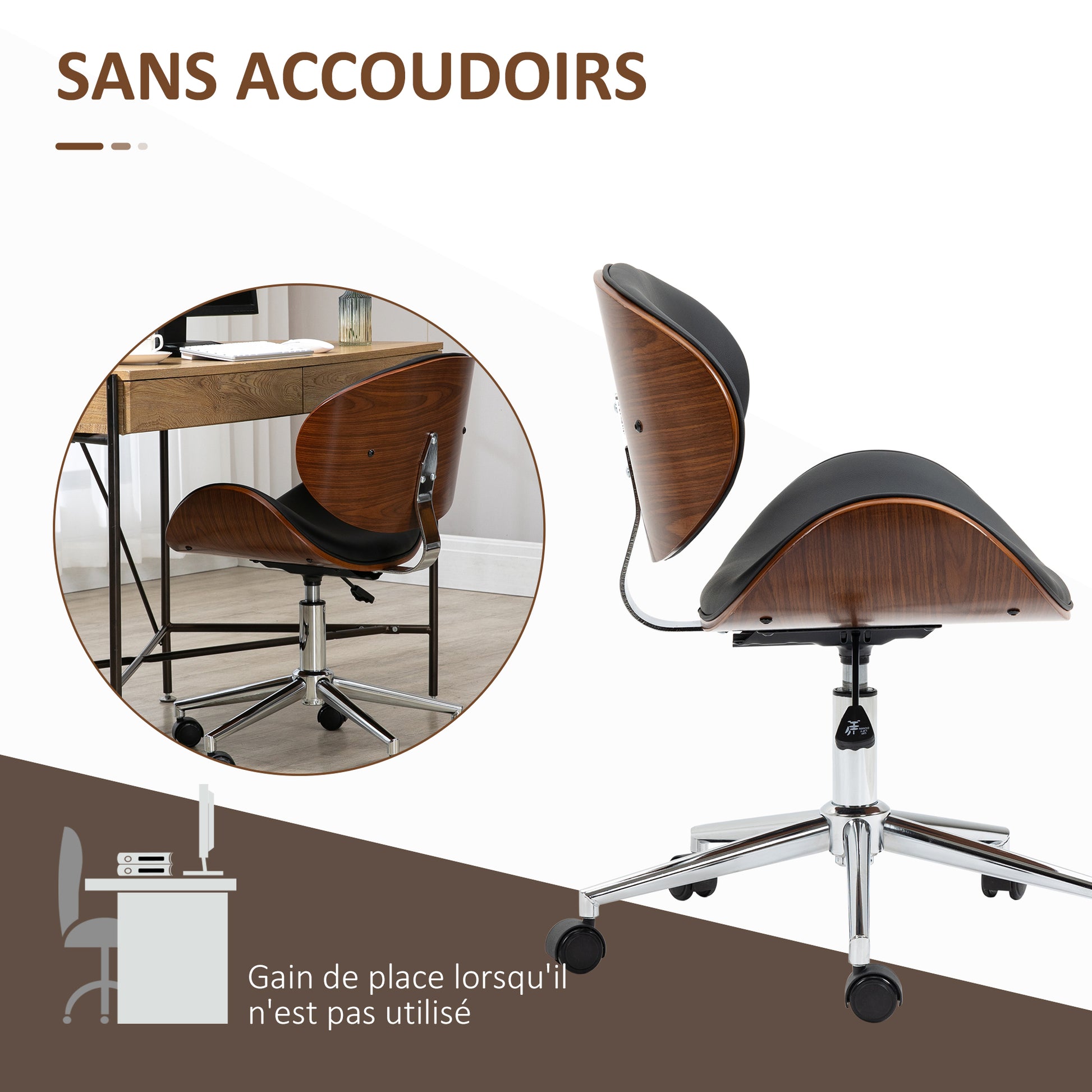 Vintage Design Office Chair Height Adjustable 360° Swivel Seat Chromed Wood Poplar Synthetic Coating 53L x 53W x 77-87H cm Black