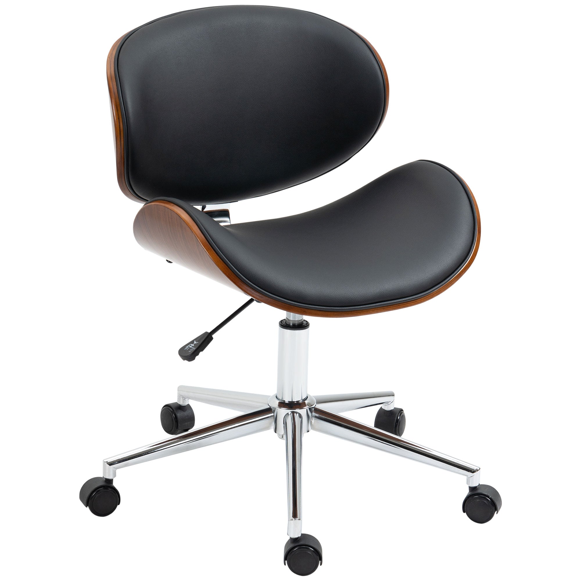 Vintage Design Office Chair Height Adjustable 360° Swivel Seat Chromed Wood Poplar Synthetic Coating 53L x 53W x 77-87H cm Black
