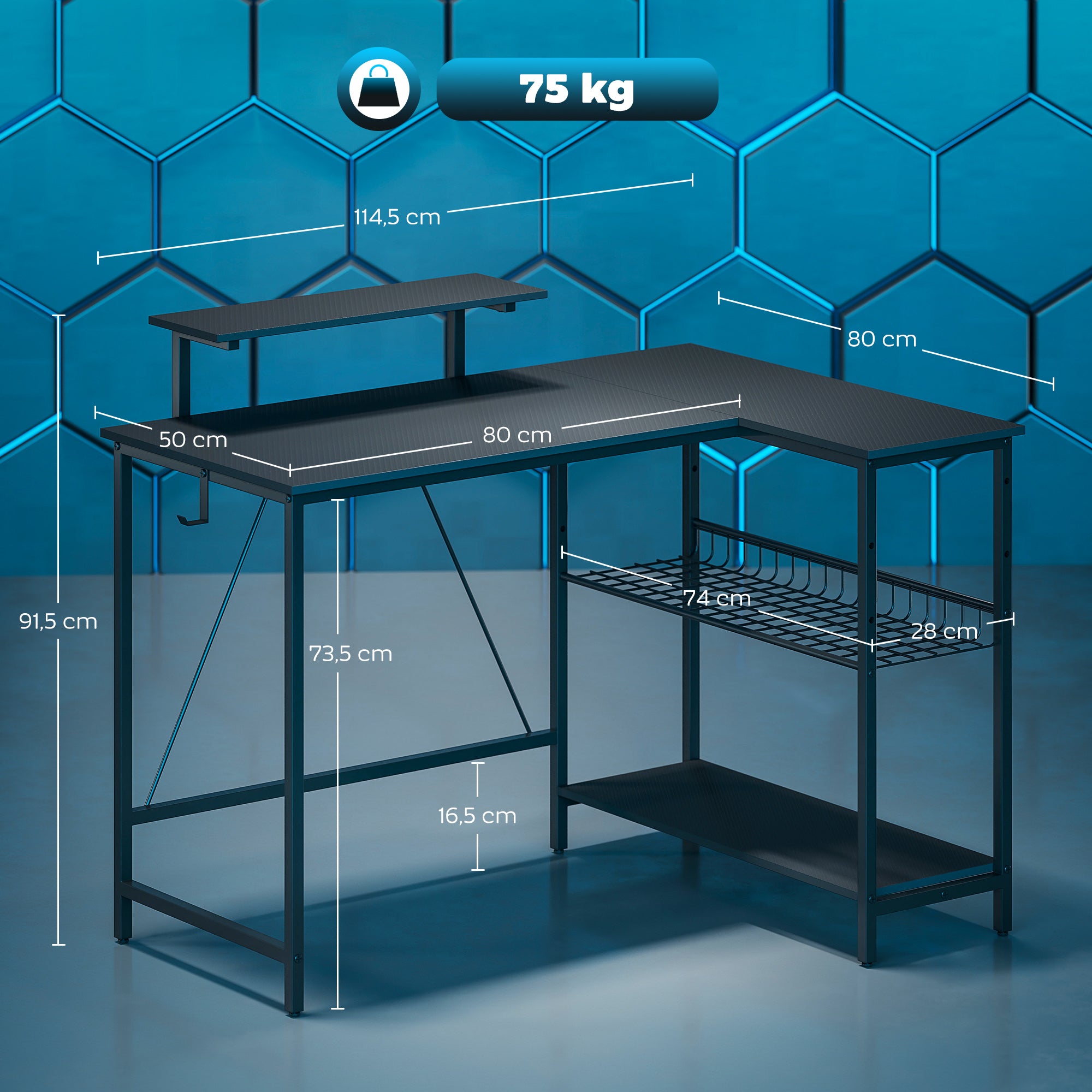Reversible L-Shaped Gaming Desk with Monitor Stand & Adjustable Mesh Shelf, 114.5 x 82 cm (45.1 x 32.3 in), Black Carbon-Fiber