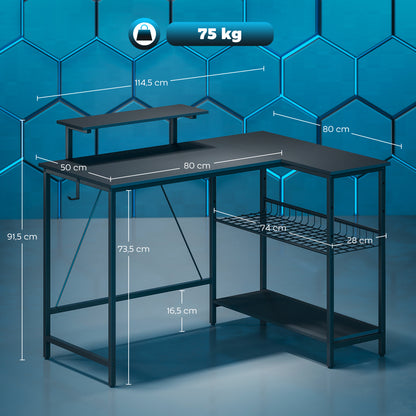 Reversible L-Shaped Gaming Desk with Monitor Stand & Adjustable Mesh Shelf, 114.5 x 82 cm (45.1 x 32.3 in), Black Carbon-Fiber