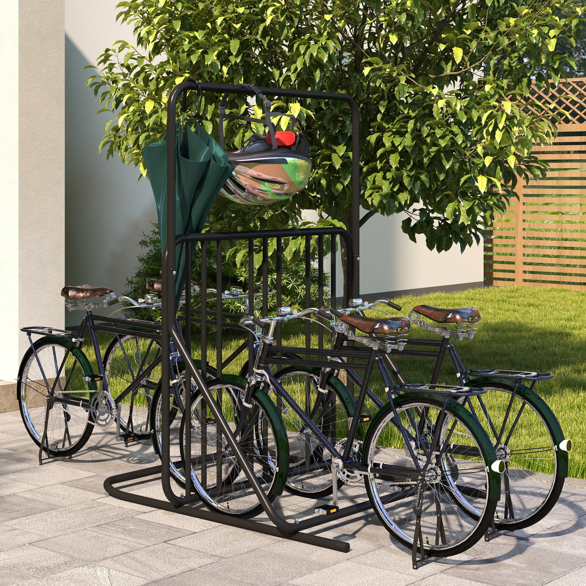 Bike Stand Bike Rack with Dual-Sided Handle Multi-Bike Stand, Weatherproof, for 4 Bikes Steel 102 x 92 x 130 cm, Black