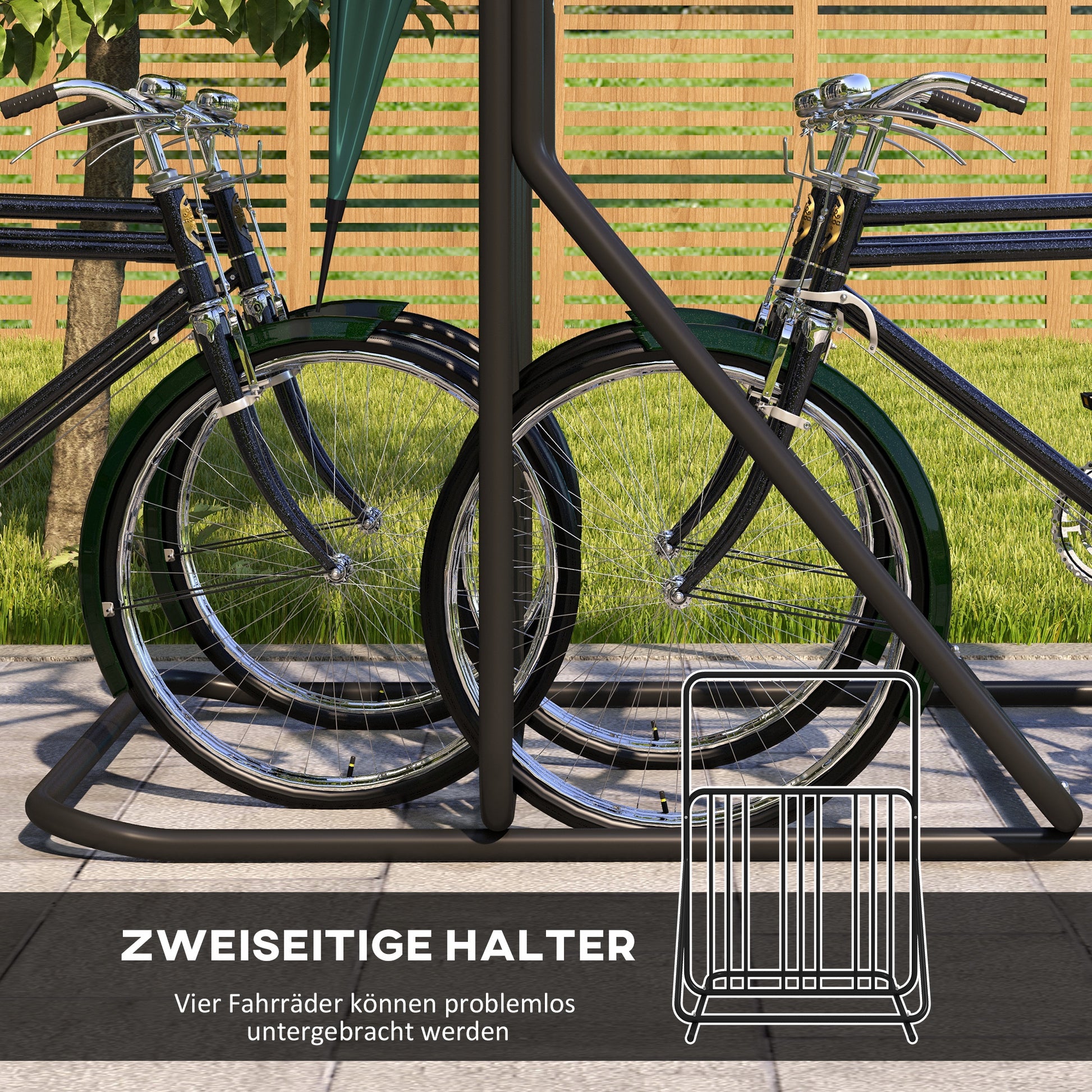 Bike Stand Bike Rack with Dual-Sided Handle Multi-Bike Stand, Weatherproof, for 4 Bikes Steel 102 x 92 x 130 cm, Black