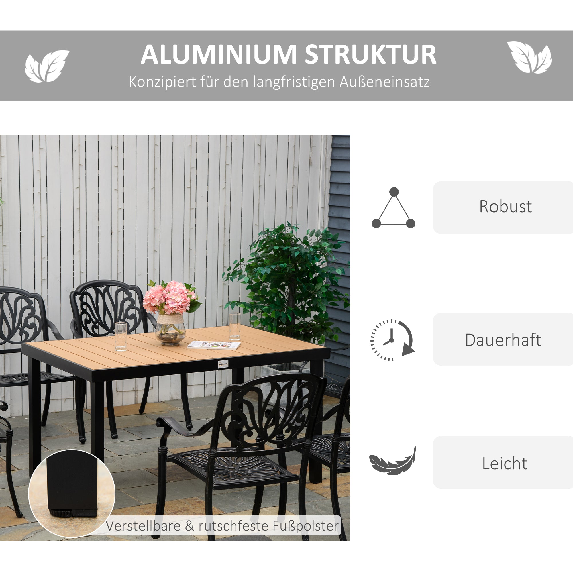 Garden Table for 6 Persons Dining Table Aluminum Table Garden Furniture Lounge Furniture Easy-care Plastic Natural+Black 140 x 90 x 74 cm