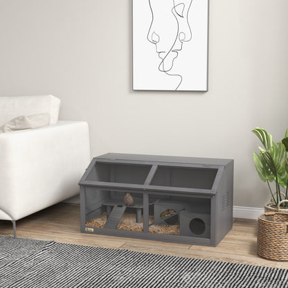 Wooden Dwarf Hamster Cage, 85 x 45 x 44 cm — Small Animal Cage with Top Door, Hanging Bridge, Ladders, House & Feeding Station — Dark Gray