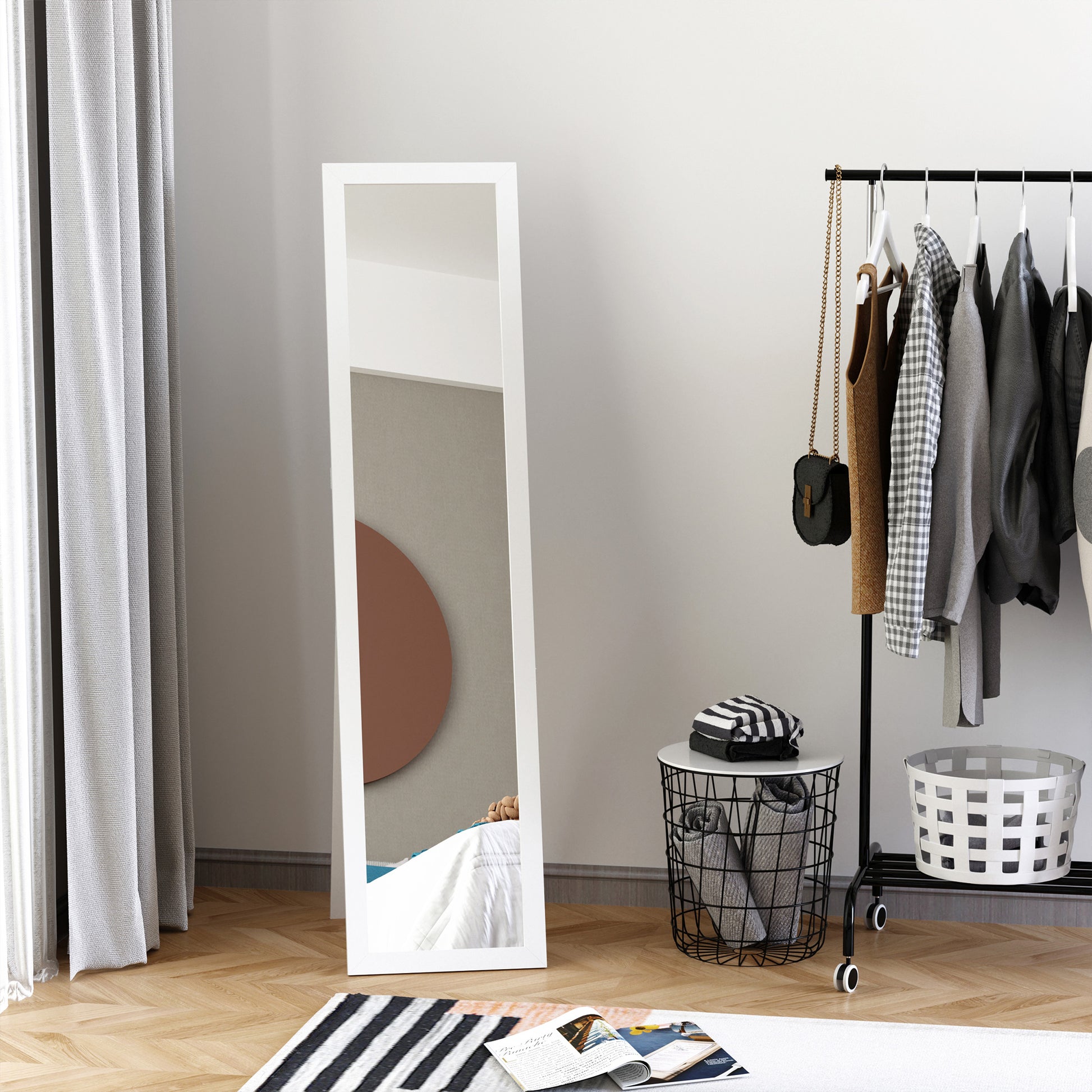 Full Length Mirror with Foldable Stand, 37x154 cm Vertical Mirror with Frame, Wall Mount Holes and Anti-Explosion Film, for Bedroom, Living Room, Entryway, White