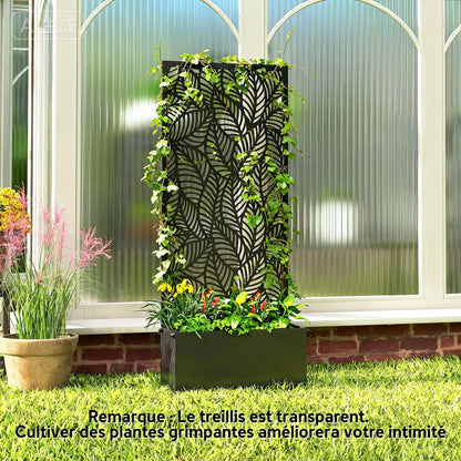 Metal Planter with Trellis — Raised Flower Bed with Privacy Screen, Leaf-Cut Design, for Climbers, Vegetables & Flowers, 45 x 21.5 x 110 cm (Black)