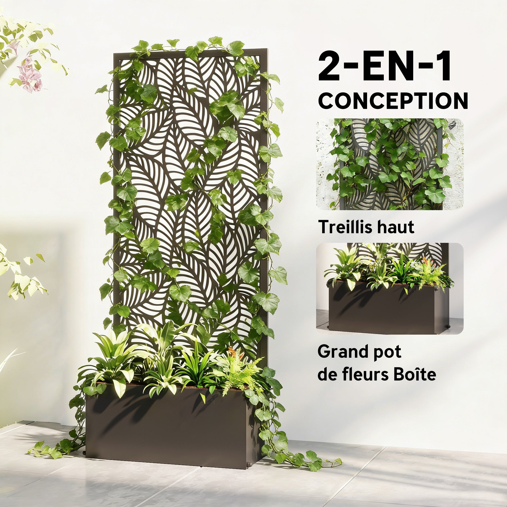 Metal Planter with Trellis — Raised Flower Bed with Privacy Screen, Leaf-Cut Design, for Climbers, Vegetables & Flowers, 45 x 21.5 x 110 cm (Black)