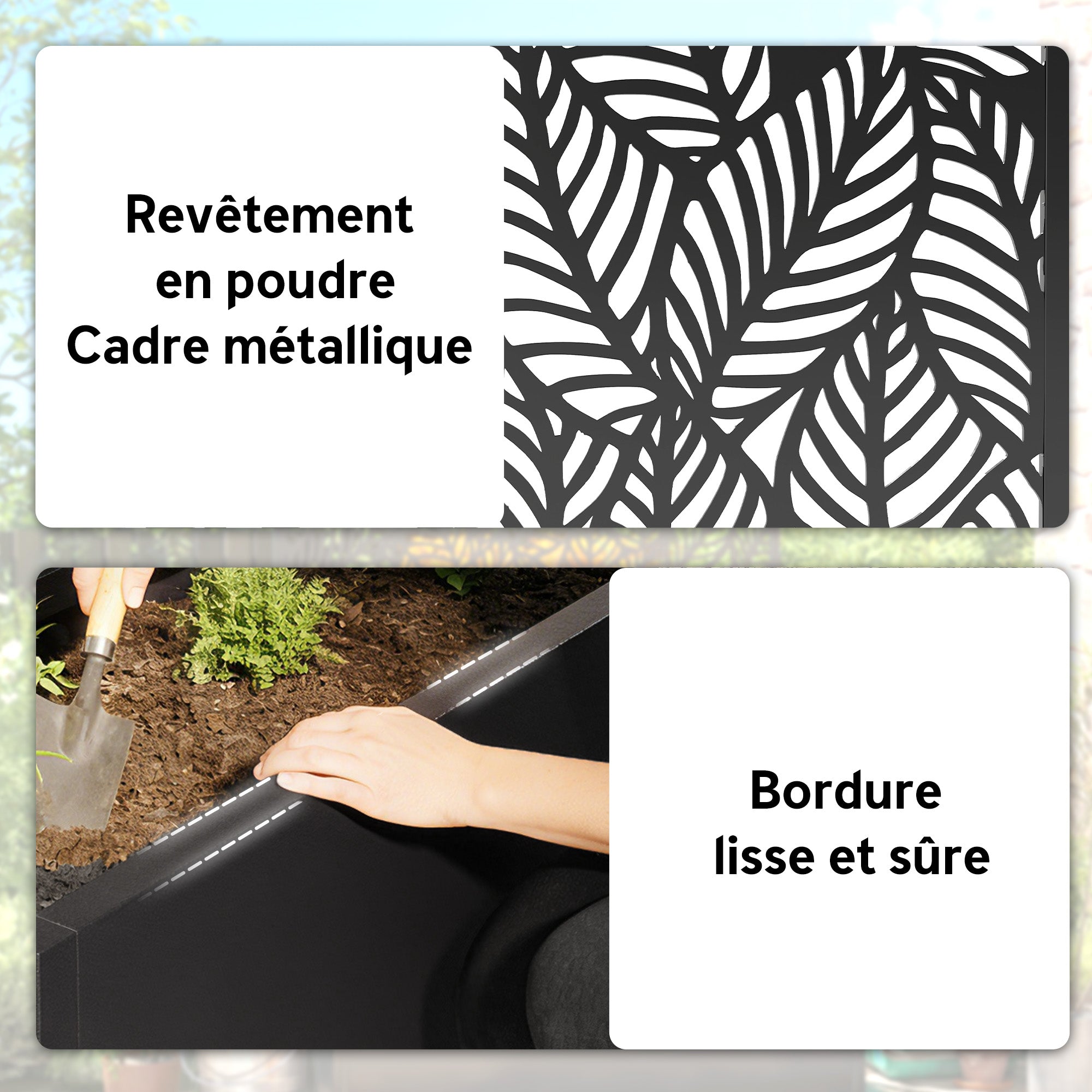 Metal Planter with Trellis — Raised Flower Bed with Privacy Screen, Leaf-Cut Design, for Climbers, Vegetables & Flowers, 45 x 21.5 x 110 cm (Black)