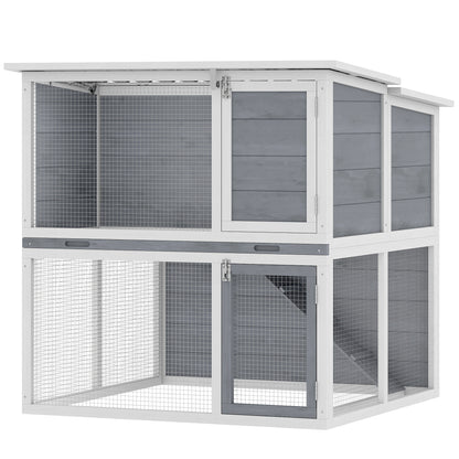 2-Tier Wooden Rabbit Hutch with Run, Weatherproof Roof, Ramp & Doors, 98 × 95 × 102.5 cm — Gray