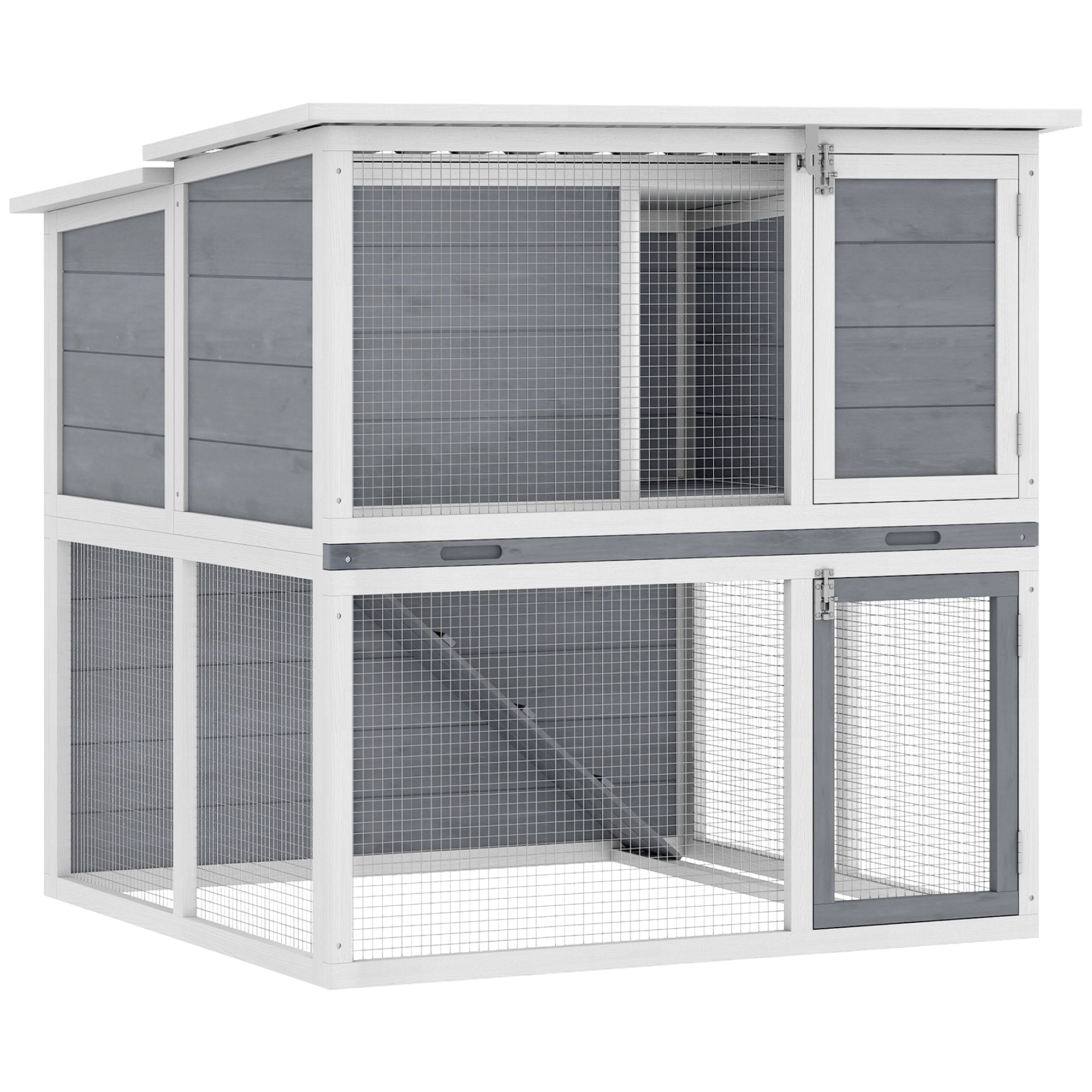 2-Tier Wooden Rabbit Hutch with Run, Weatherproof Roof, Ramp & Doors, 98 × 95 × 102.5 cm — Gray