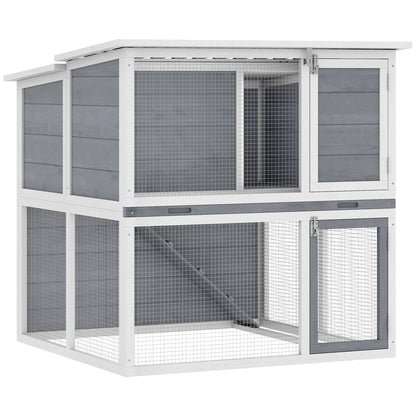 2-Tier Wooden Rabbit Hutch with Run, Weatherproof Roof, Ramp & Doors, 98 × 95 × 102.5 cm — Gray