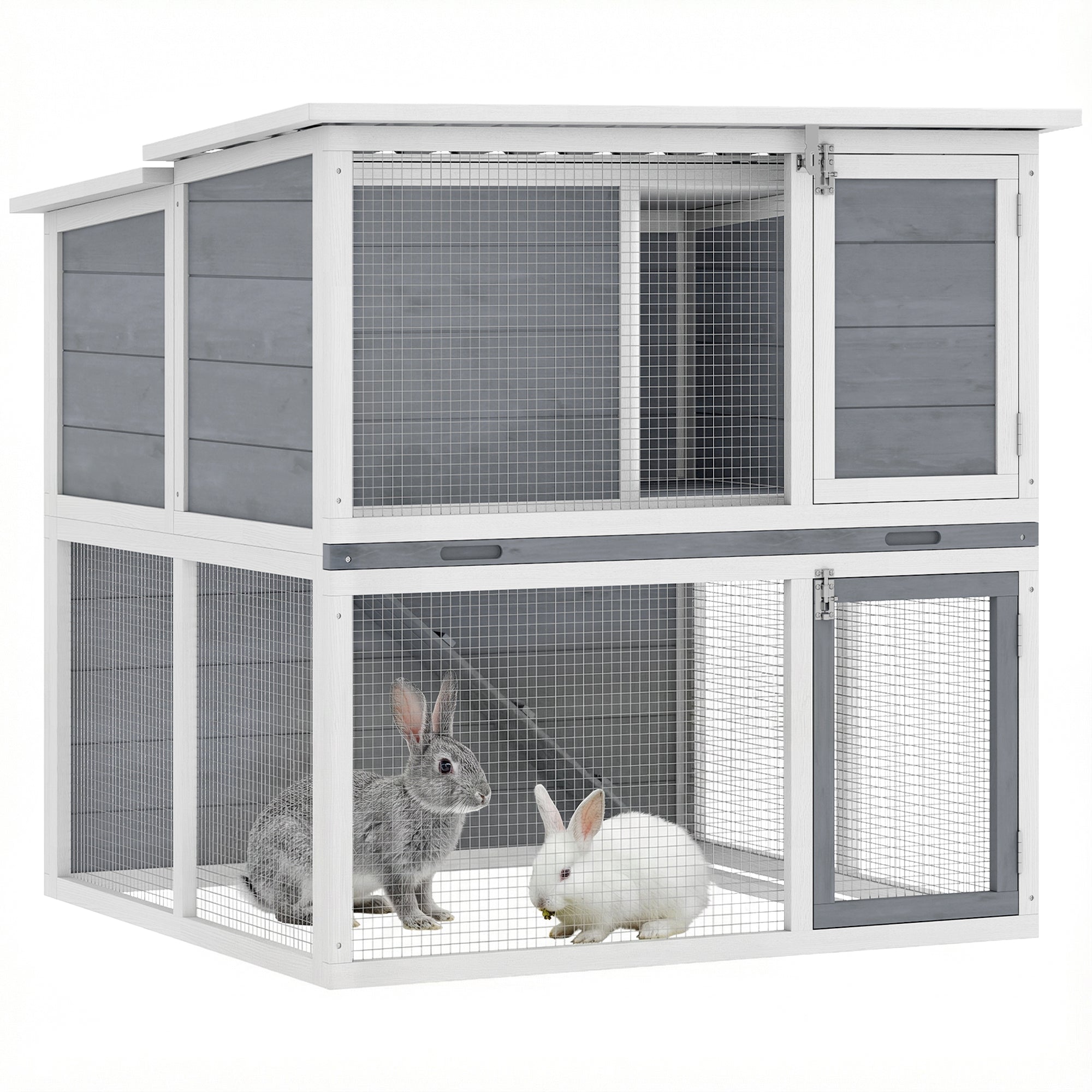 2-Tier Wooden Rabbit Hutch with Run, Weatherproof Roof, Ramp & Doors, 98 × 95 × 102.5 cm — Gray