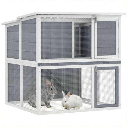 2-Tier Wooden Rabbit Hutch with Run, Weatherproof Roof, Ramp & Doors, 98 × 95 × 102.5 cm — Gray