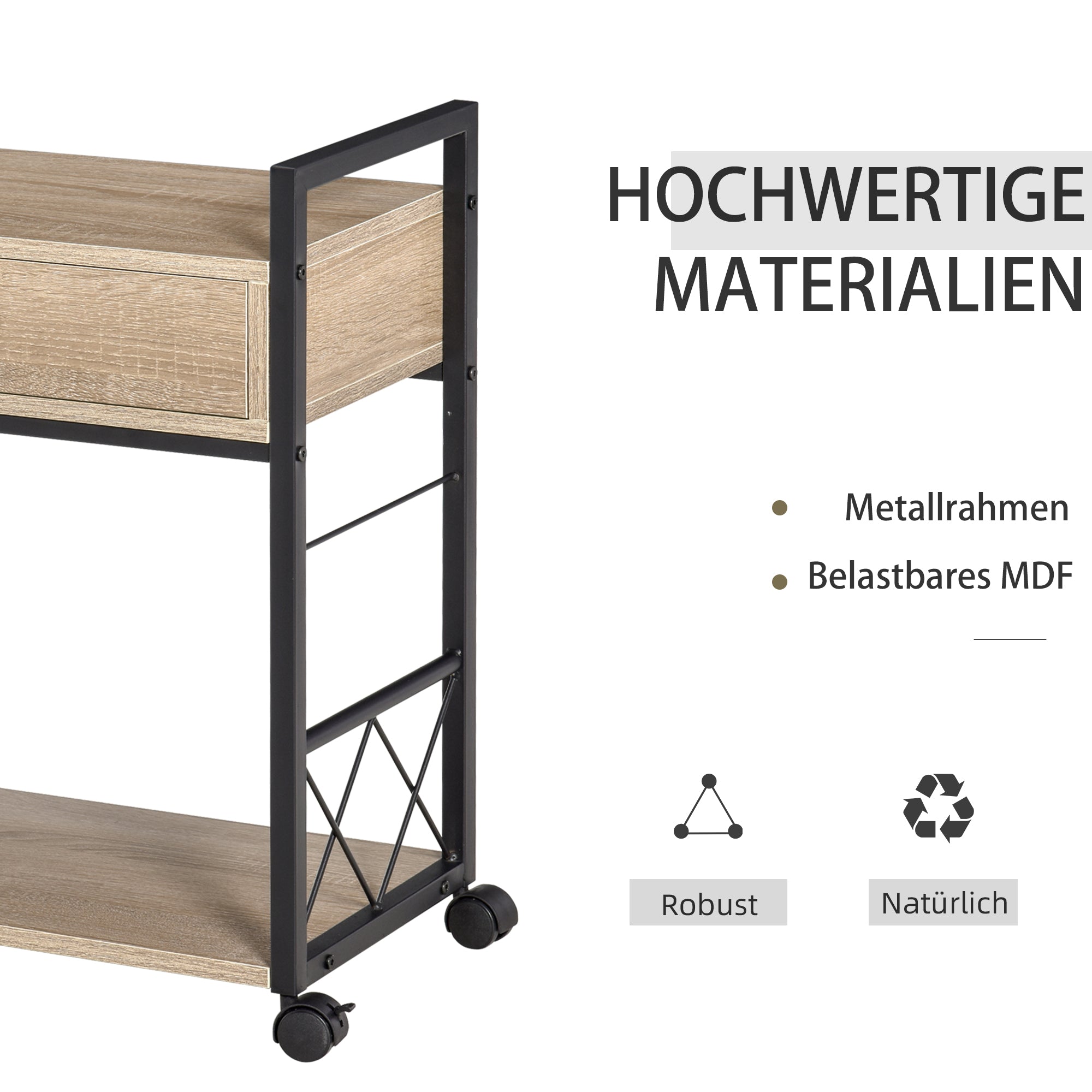 Side Table Serving Trolley with Wheels Kitchen Cart Coffee Table with Drawer Shelf Mobile Particle Board Natural 60 x 30 x 65 cm