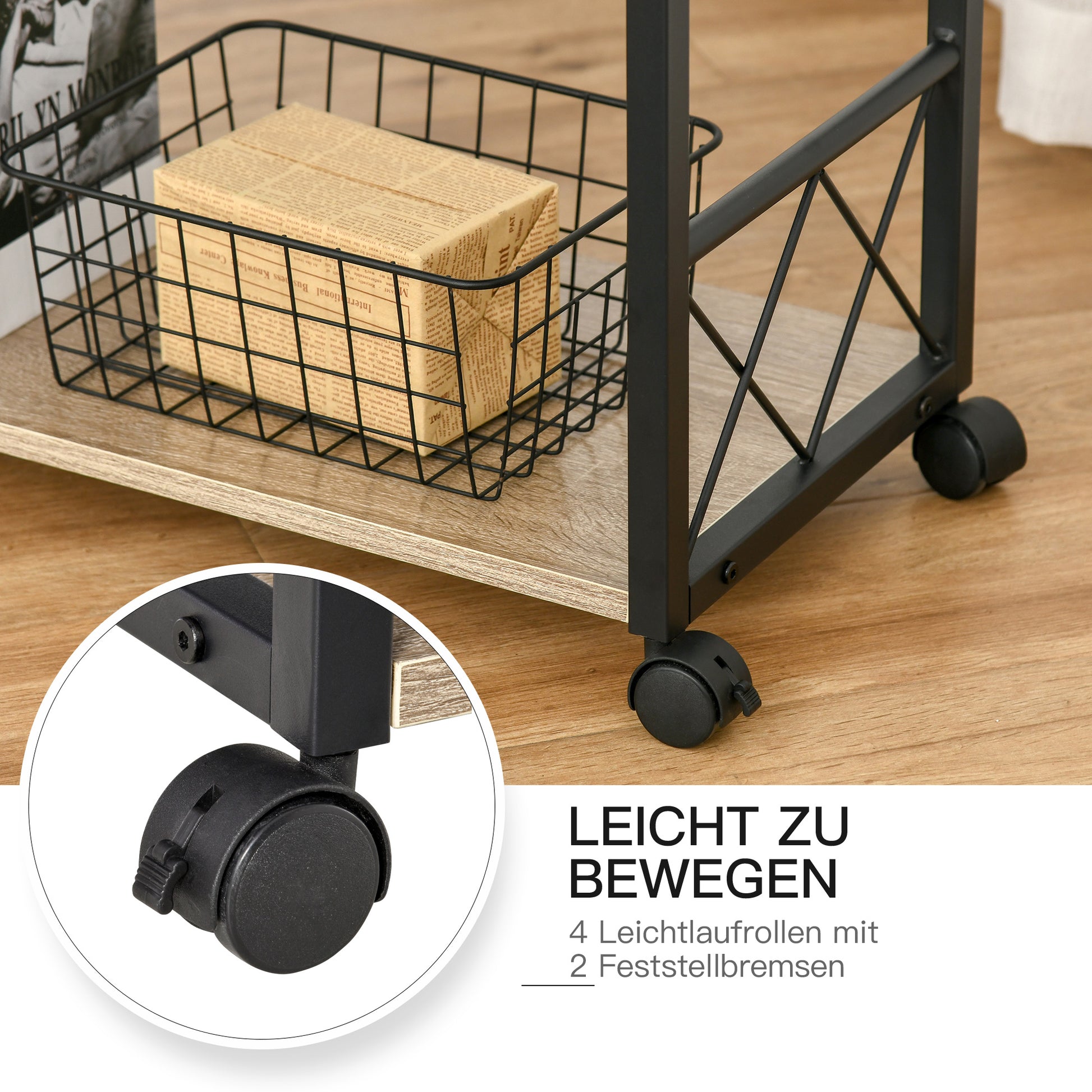 Side Table Serving Trolley with Wheels Kitchen Cart Coffee Table with Drawer Shelf Mobile Particle Board Natural 60 x 30 x 65 cm