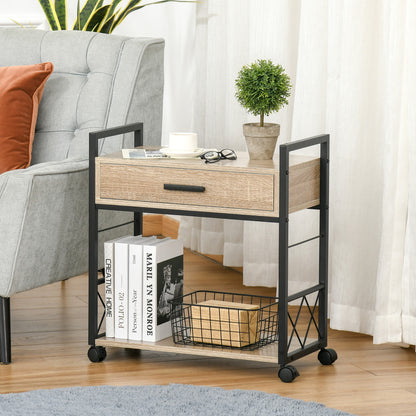 Side Table Serving Trolley with Wheels Kitchen Cart Coffee Table with Drawer Shelf Mobile Particle Board Natural 60 x 30 x 65 cm