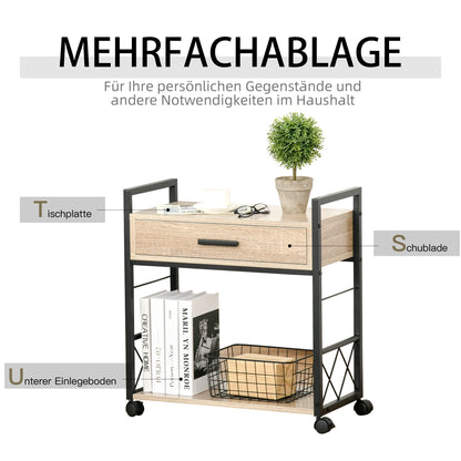 Side Table Serving Trolley with Wheels Kitchen Cart Coffee Table with Drawer Shelf Mobile Particle Board Natural 60 x 30 x 65 cm